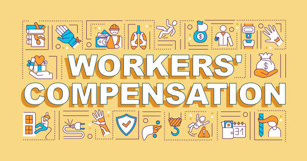 Workers compensation word concepts banner Workers compensation word concepts banner. On-the-job injury. Infographics with linear icons on orange background. Isolated typography. Vector outline RGB color illustration general manager stock illustrations