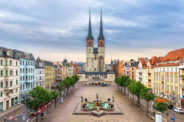 Halle (Saale), Germany. Aerial view of Hallmarkt square and Marktkirche church in old town