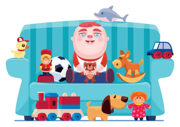 Vector illustration of baby sitting on sofa with toys