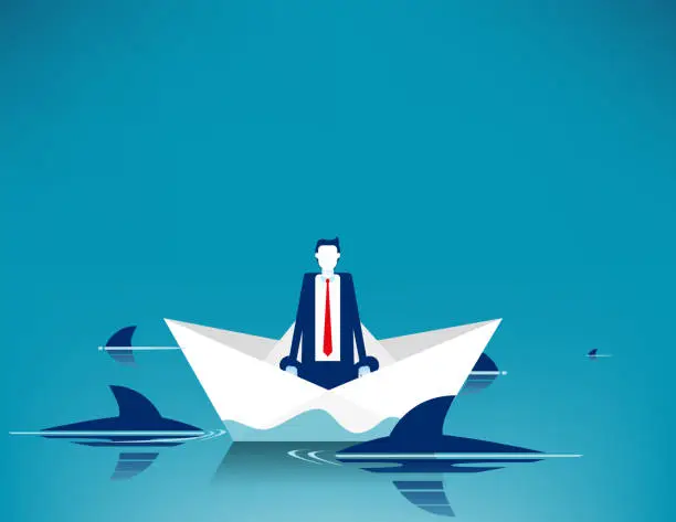 Vector illustration of Businessman sitting on paper boat surrounded by sharks