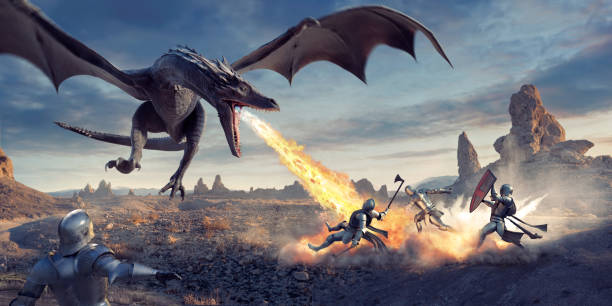 fuoco respirazione drago volare basso e attaccare i cavalieri nel deserto - fantasy flying dragon monster foto e immagini stock