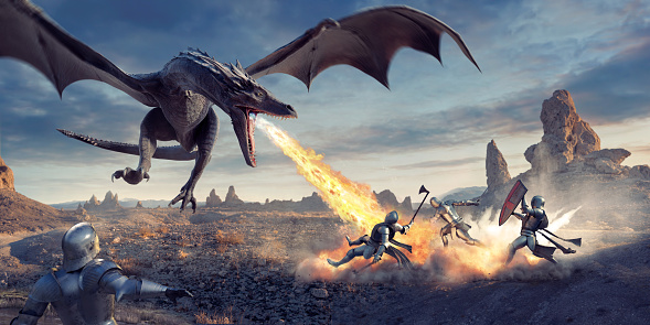 Fantasy image of a large dragon, flying low to the ground with tuned head and mouth open, breathing fire into a group of three medieval knights in armour. The knights are carrying weapons and a shield, and are being blown backwards by the blast. Another knight looks from the foreground.