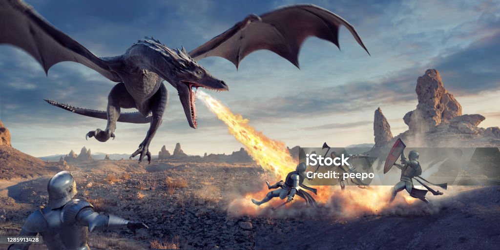 Fire Breathing Dragon Flying Low and Attacking Knights In Desert Fantasy image of a large dragon, flying low to the ground with tuned head and mouth open, breathing fire into a group of three medieval knights in armour. The knights are carrying weapons and a shield, and are being blown backwards by the blast. Another knight looks from the foreground. Dragon Stock Photo