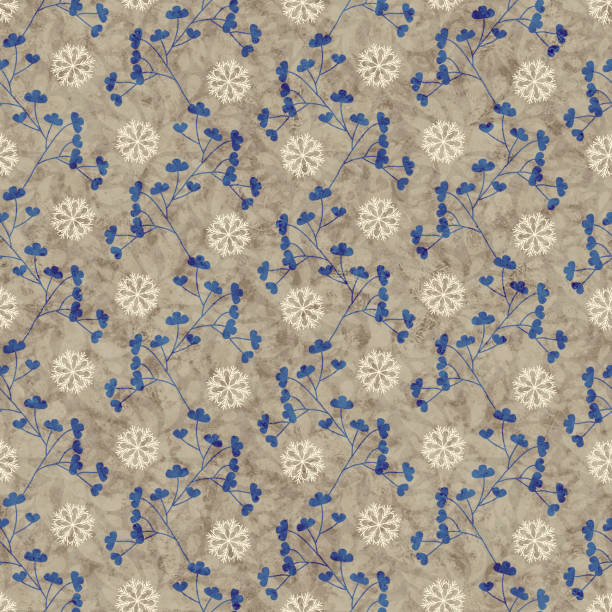 istock Winter, seamless, shabby and melange pattern, with snowflakes and branches, blue beige. 1285913443