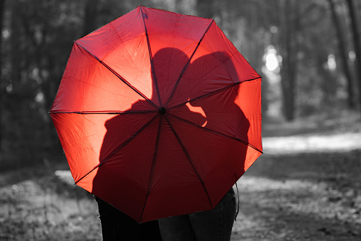 silhouette of lovers kissing under a red umbrella on a blurred background