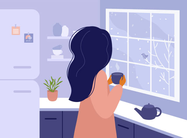 Woman with cup of tea or coffee in hands standing in kitchen at home and looking out window Woman standing in kitchen looking out window. Girl drinking hot tea or coffee at home, watching on winter landscape outside. Time for yourself, relax, slow down concept. Life style vector illustration bird human stock illustrations