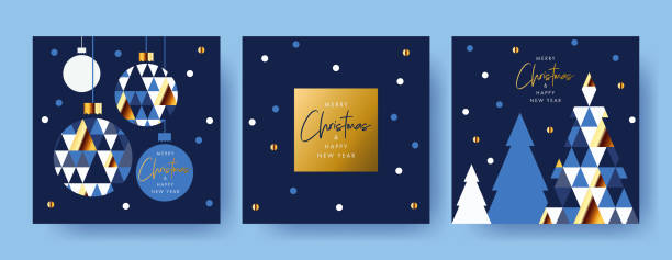 ilustrações de stock, clip art, desenhos animados e ícones de merry christmas and happy new year set of greeting cards, posters, holiday covers. modern xmas design with triangle firs pattern in blue, gold, white colors. - xmas modern trees night