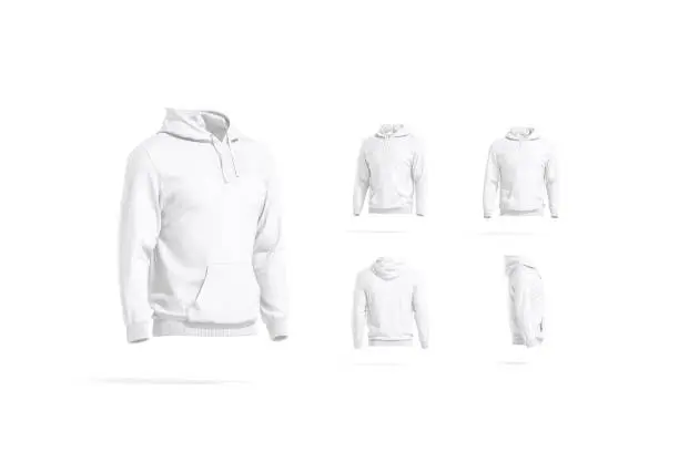 Blank white sport hoodie with hood mockup, different views, 3d rendering. Empty casual sweat shirt or pullover mock up, isolated. Clear hooded loose overall sweatshirt template.