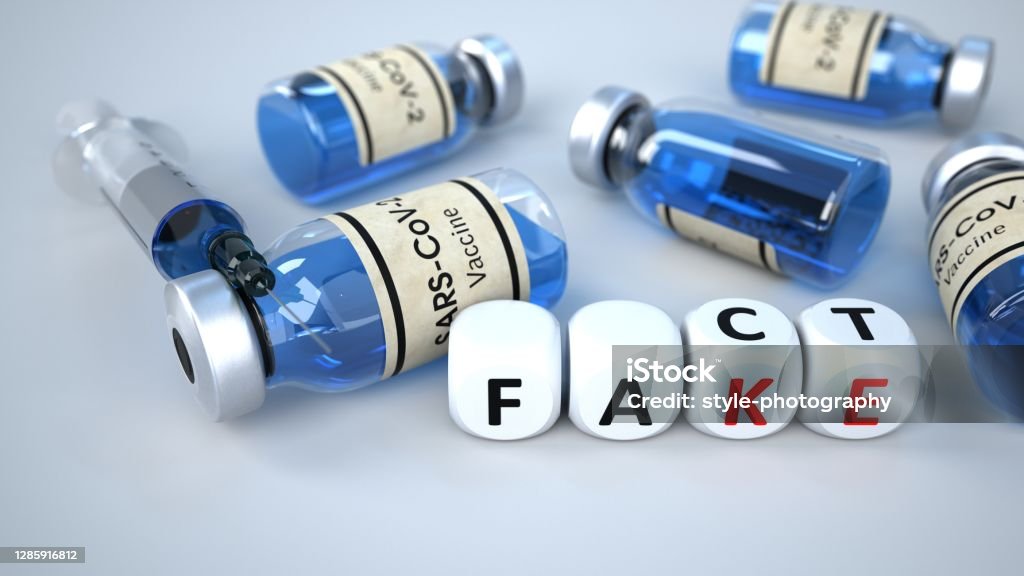 Coronavirus Vaccine Fake News Facts Fake news and facts about the vaccination against the coronavirus. 3d illustration. Fake News Stock Photo