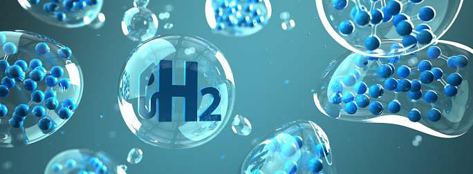 H2 gas pump symbol with hydrogen molecule in the liquid. 3d illustration.