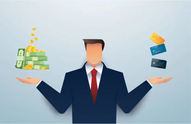 Vector illustration of man in suit choosing between money and credit card. vector illustration