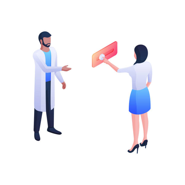 istock Doctor call for consultation isometric vector concept. Female character presses button on red panel. 1285920699