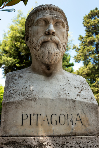 Rome, Italy. Bust statue of Pythagoras, famous philosopher, mathematician and scientist. Sculpture in Villa Borghese park. , 24.07.2017