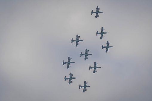 Rome, Italy - November 04, 2020, Acrobatic group of italian light attack aircraft  training before the Republic Day parade in the sky of Rome, Italy