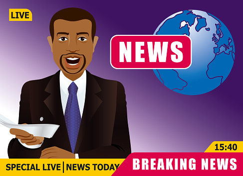 Vector Illustration of a Optimistic Afro-American EthnicityAnchorwoman at TV Studio in Live Broadcasting News