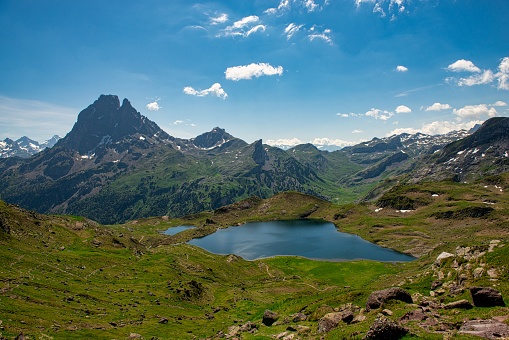 Pic du Midi Ossau and Ayous lake in the french Pyrenees mountains