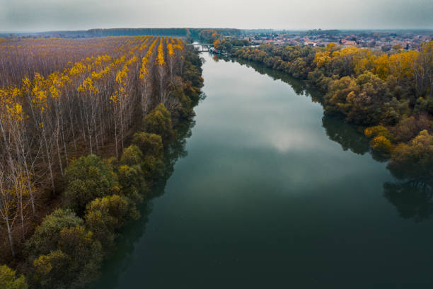 istock Top view on the river and the autumn forest 1285922980