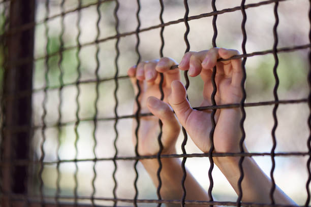 istock Female hands behind a metal barrier. 1285923484