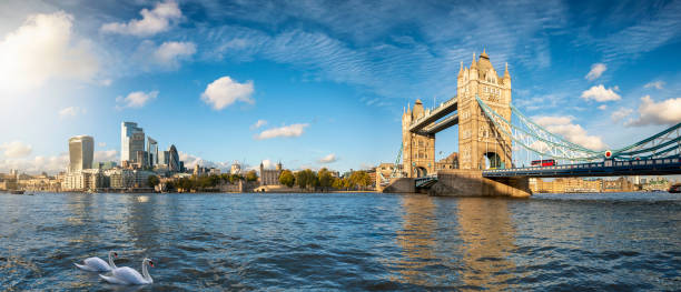 панорамный вид на современный горизонт лондона, великобритания, с тауэрского моста в город - tower bridge london england panoramic bridge стоковые фото и изображения