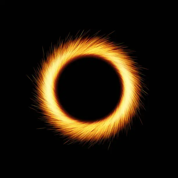 Vector illustration of Shining circle with orange sparkles and glowing lights on black background