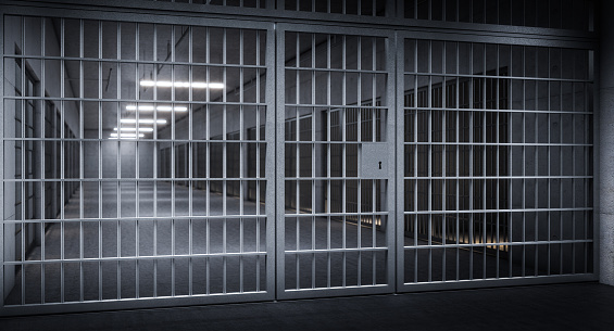 detail in a corridor of a prison with bars and front door. cells on the sides. concept of security, isolation, loneliness, detention, punishment. 3d render. nobody around landscape format.