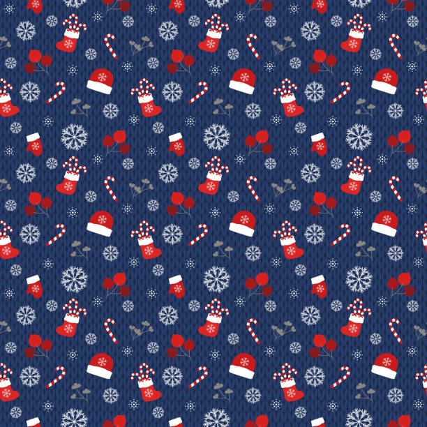istock Boots and candies, mittens, hats, berries, branches and snowflakes, blue. 1285925581