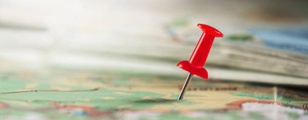 location marking with pin on map. travel and journey concept. - geografia física imagens e fotografias de stock