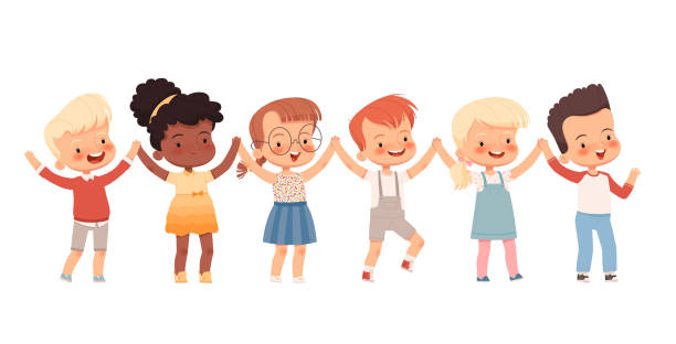 Cheerful children hold hands in a round dance. Children's friendship Cheerful children hold hands in a round dance. Children's friendship. Isolated on a white background. Vector illustration kids holding hands stock illustrations