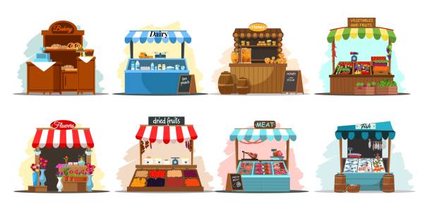 Street market stalls and kiosks with food illustration set. Outdoor local fair vector. Groceries, fish, honey, flowers, vegetables, fruits, meat, bakery, dairy stores. Empty wooden booth Street market stalls and kiosks with food illustration set. Outdoor local fair vector. Groceries, fish, honey, flowers, vegetables, fruits, meat, bakery, dairy stores. Empty wooden booth. vegetable stand stock illustrations