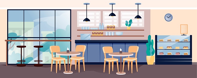 Modern cafe interior design. Empty cosy cafeteria with coffee and cakes vector illustration. Counter, shelves with cups, display of sweet cakes, tables with chairs, window view