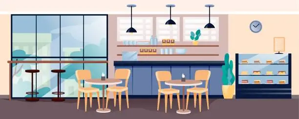 Vector illustration of Modern cafe interior design. Empty cosy cafeteria with coffee and cakes vector illustration. Counter, shelves with cups, display of sweet cakes, tables with chairs, window view