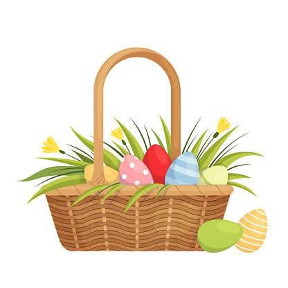 Easter basket with painted eggs, tulip and crocuses. Cartoon flat vector illustration. Isolated on a white background.