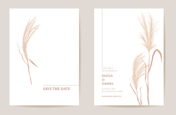 illustrations, cliparts, dessins animés et icônes de invitation de mariage minimale pampas herbe boho carte. vecteur de modèle d’aquarelle d’automne. botanical save the date golden feuillage affiche moderne, design tendance, fond de luxe, illustration florale - leaf dry backgrounds nobody