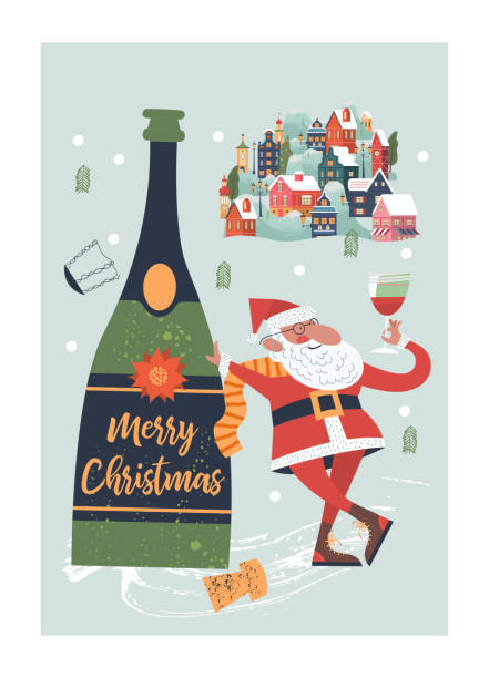 Santa and a huge bottle of champagne. A small cozy snow covered town. New year and Christmas. Vector christmas card Santa toasting a wine glasses. A small cozy snow covered town. New year and Christmas. Vector christmas card. day drinking stock illustrations