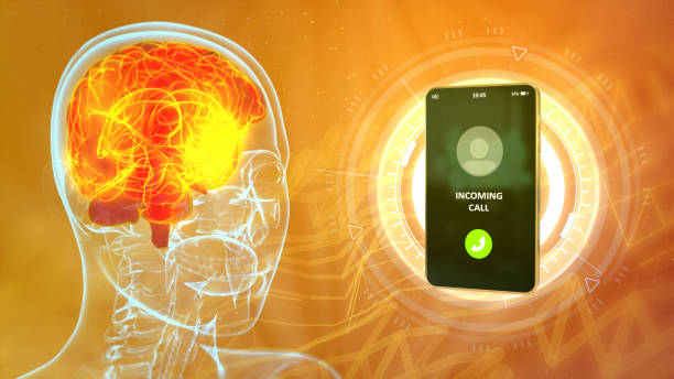 istock Industrial 3D illustration - x-ray human head image with calling phone, brain damage by mobile network concept 1285932181