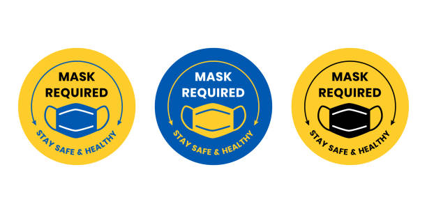 Face Mask Required Vector Design with Face Covering Icon. Mask Required and Stay Safe and Healthy in Yellow and Blue Colors. Sticker for Coronavirus covid-19 Social Distancing Pandemic. protective face mask illustrations stock illustrations