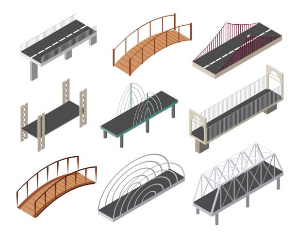 ilustraciones, imágenes clip art, dibujos animados e iconos de stock de conjunto de iconos de puentes isométricos vectoriales. elementos de dibujo aislados en 3d de una infraestructura urbana moderna para juegos o aplicaciones. objetos de transporte urbano, cruce de carreteras, arquitectura de construcción - puente peatonal