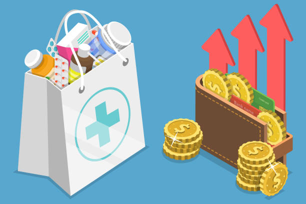 3D Isometric Flat Vector Conceptual Illustration of Rising Health Care Costs 3D Isometric Flat Vector Conceptual Illustration of Rising Health Care Costs, Drugs Price Increase. inexpensive stock illustrations