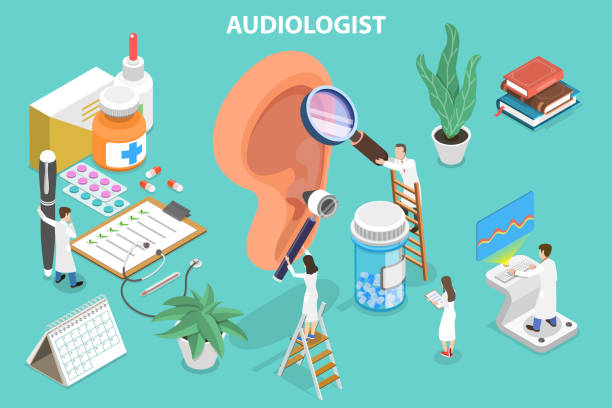 3D Isometric Flat Vector Conceptual Illustration of Audiology 3D Isometric Flat Vector Conceptual Illustration of Audiology, Deafness and Hearing Loss Treatment. lifestyle backgrounds audio stock illustrations