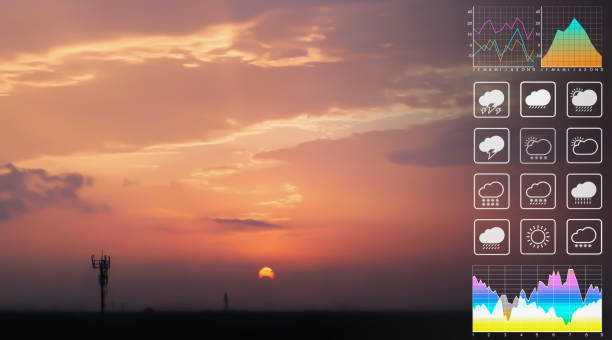 istock Weather forecast symbol data for meteorology presentation with graph and chart on dramatic atmosphere panorama view of colorful twilight tropical sky and  clouds aerial summer view background. 1285936948