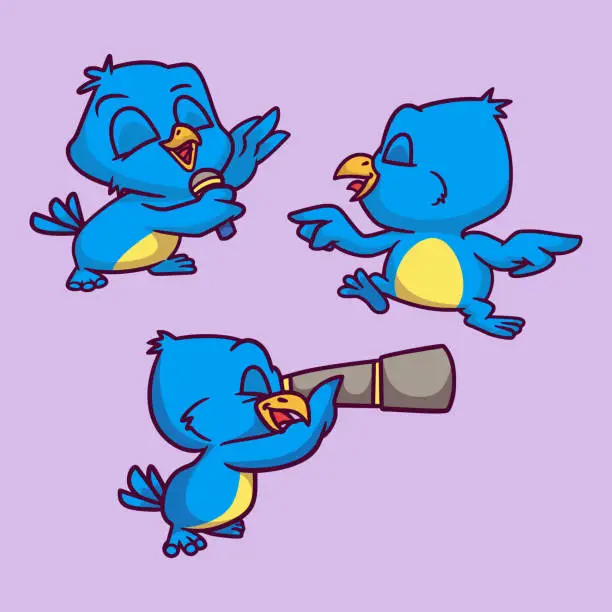 Vector illustration of cartoon animal design birds sing, dance and play binoculars cute mascot illustration