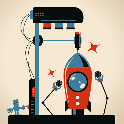 Blue Characters Full Length Vector Art Illustration.
Smiling man using a 3d printer to make a rocket (spaceship, space travel vehicle).