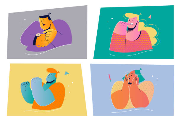 Emotion, face expression print set concept Emotion, face expression set concept. Positive and negative emotional people illustration for print. Collection of men women cartoon characters checking time biting nails preparing fight with fists. nail biting stock illustrations