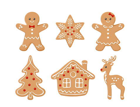 Gingerbread cookies set. Vector illustration of Christmas baking. Gingerbread man, Christmas fir tree, reindeer, house and snowflake in sugar icing isolated on white background. Cartoon flat style.