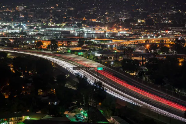 Night view of  traffic on Interstate 5 in downtown Burbank near Los Angeles, California.