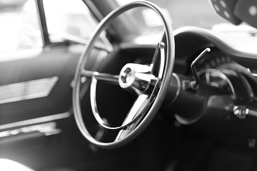 Vintage Porsche steering wheel, car stereo. Close up of Vintage Porsche interior Gökçeada, Çanakkale Türkiye-June 16, 2021