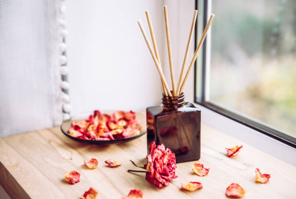 contenitore di bottiglie di vetro marrone con diffusori bastone di legno sul davanzale di legno di casa con bellissimi petali di rosa rosa secco per la decorazione. concetto minimalista di matricna d'aria. - air freshener foto e immagini stock