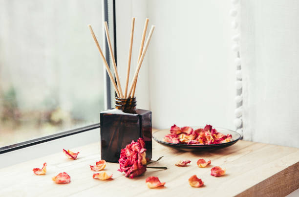 brown glass bottle container with wood stick diffusers on home wooden window sill with beautiful dry pink rose petals for decoration. minimalist air freshener concept. - aromatic oil burner imagens e fotografias de stock