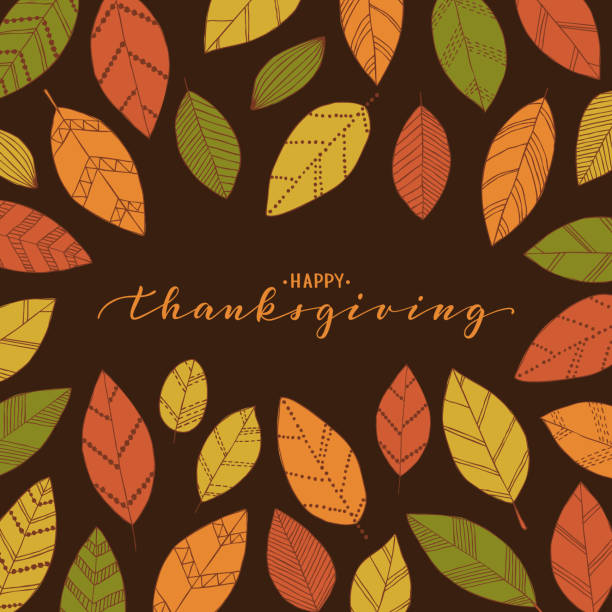 ilustrações de stock, clip art, desenhos animados e ícones de happy thanksgiving brush pen lettering. hand draw doodle linear leaves background. design holiday greeting card and invitation of seasonal american and canadian thanksgiving fall holiday - thanksgiving backgrounds autumn falling