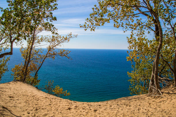 Aerial shot of the coastline at Ludington, the largest city in Mason County, Michigan on a clear day in Fall.